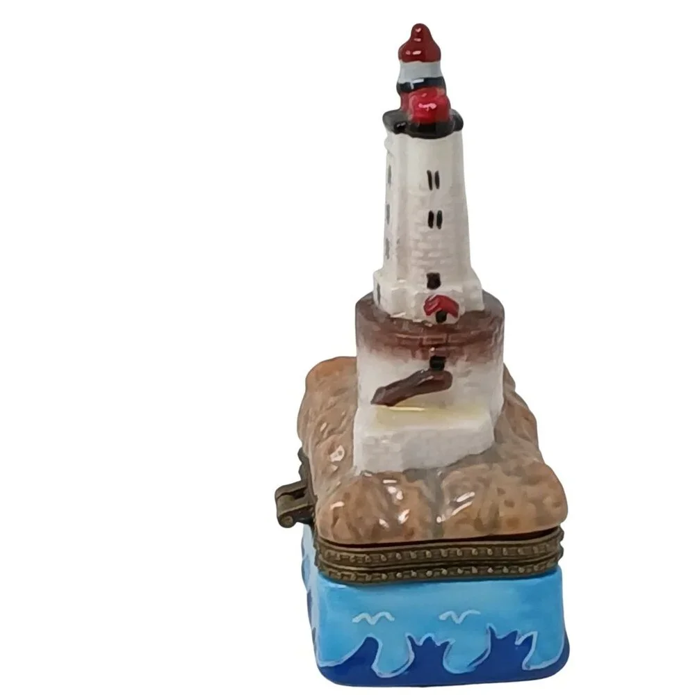 VTG Lighthouse Themed Porcelin Hinged Trinket / Ring Box Ocean Wave Detail #S-2
